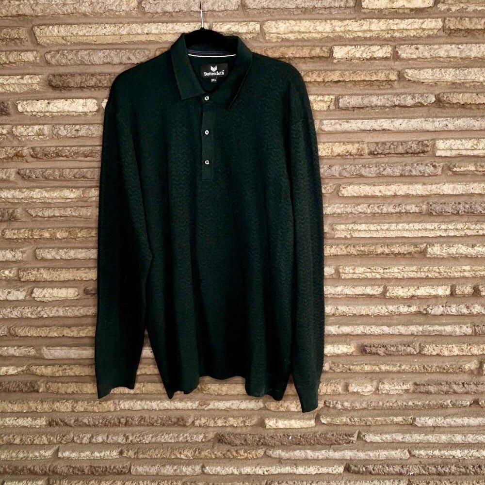 Buttercloth Men’s Polo Sweater Long Sleeve Dark Green Chevron Texture Size 2XL - Picture 8 of 9